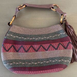 Eric Javits Multicolor Woven Boho Leather Tassel Hobo Bag w/Zipper Closure